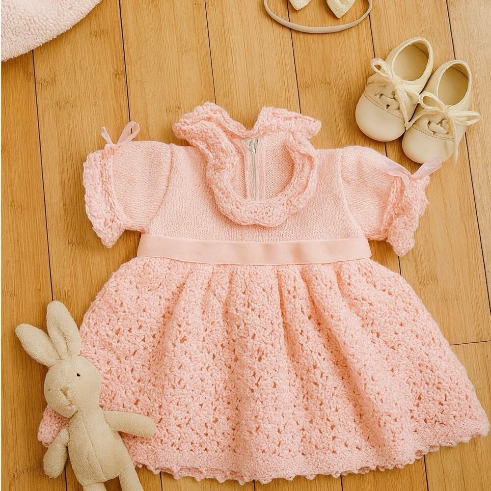Vintage Baby Girl Pink Knit Dress Sz. 3-6m